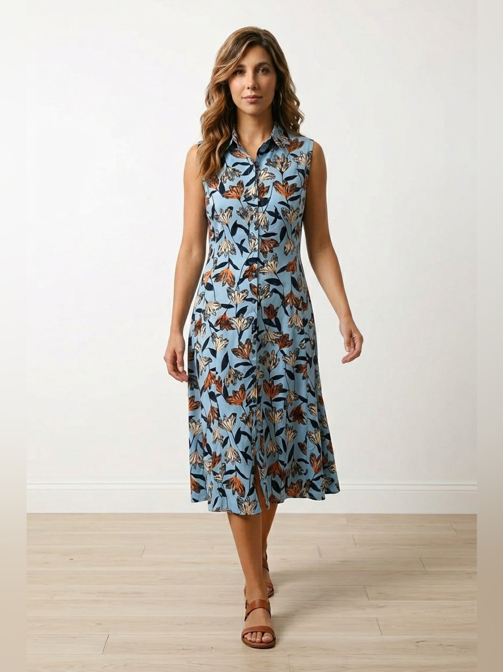 Nic & Zoe Button Down Floral Sleeveless Dress - Blue and Brown